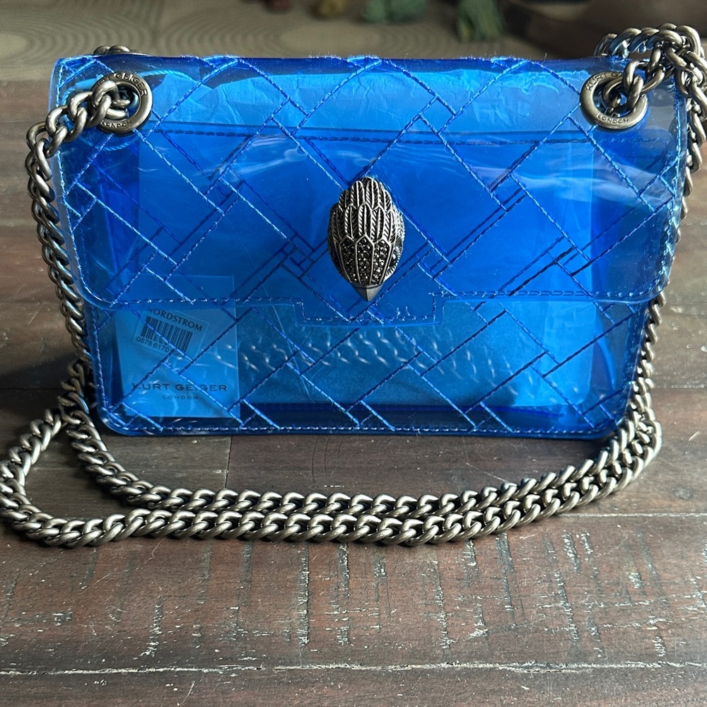 Kurt Geiger Vibrant Blue Quilted Transparent Crossbody with Chain